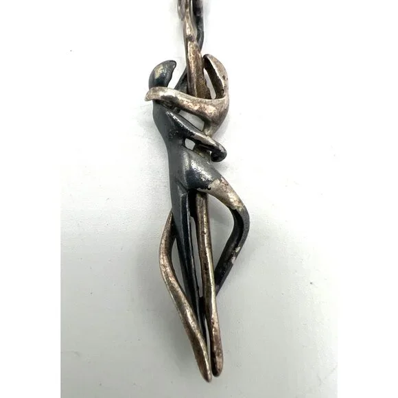 Silver Couple Pendant Necklace 18" Chain Yin Yang Dance Abstract Modernist Vtg - Picture 7 of 10